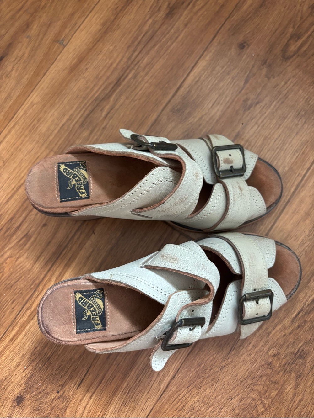 Freebird by Steven Cream Leather Double Buckle Slide Sandals